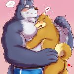 &lt;3 1:1 2018 5_fingers anthro blue_clothing blush butt canid canine cheek_tuft clothed clothing countershade_torso countershading curled_tail duo facial_tuft fingers fur grey_body grey_countershading grey_fur hug male male/male mammal nude nullraihigi obese open_mouth overweight pink_background simple_background size_difference speech_bubble teeth tongue topless tuft 