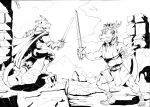  anthro barefoot black_and_white caligae claws crown dragon duo fangs feet fight fire hi_res kobold koviell magic male male/male mane mantle medieval melee_weapon monochrome muscular muscular_male prince prince_borgon royalty ruins scrappyvamp sword tail_tuft the_princess_bride tuft weapon 