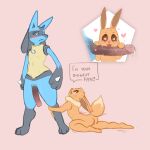  1:1 2021 anthro big_penis blush bodily_fluids butt chest_tuft comic duo eevee english_text genital_fluids genitals hi_res huge_penis humor kneeling long_ears lucario male male/male mniampyra nintendo nude penis pok&eacute;mon pok&eacute;mon_(species) precum simple_background speech_bubble standing text tongue tongue_out toony tuft vein veiny_penis video_games 