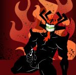  aku balls bodily_fluids cum demon erection facial_hair fire genital_fluids genitals goatee grin hi_res humanoid humanoid_genitalia humanoid_penis looking_at_viewer loveabigbot male masturbation muscular penile penile_masturbation penis samurai_jack smile solo 