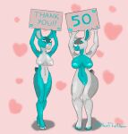 alice_(alicethedeer) alicethedeer anthro big_breasts blue_body blue_nipples blue_nose breast_size_difference breasts cervid cervine circles duo eyes_closed female genitals hi_res holding_object holding_sign huge_breasts mammal mavy_(alicethedeer) nipples pussy shaded simple_background smile thick_thighs unguligrade_anthro white_body white_nipples white_nose 