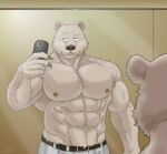  2021 abs absurd_res anthro armpit_hair barazoku beastars belt big_muscles body_hair bottomwear brown_bear cellphone claws clothed clothing fur hi_res holding_object holding_phone inside jabuhusky male mammal mirror muscular muscular_anthro muscular_male narrowed_eyes navel nipples pants pecs phone reflection riz_(beastars) signature smartphone smile solo standing taking_picture topless topless_male tuft ursid ursine vein 