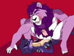  4:3 absurd_res agneel_(character) anthro bodily_fluids canid canine canis cum dantem_(character) duo esacosaverde felid fur genital_fluids genitals hi_res lion male male/male mammal pantherine penis purple_body purple_fur size_difference tongue wolf 