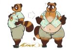  4_toes afurreak animal_crossing anthro arrow barefoot belly big_belly big_eyes blue_eyes bodily_fluids bottomwear brown_body brown_fur button_pop buttoned_clothing canid canine chanclas clothing dress_shirt feet flip_flops footwear fur hand_on_stomach male mammal navel nintendo obese obese_male overweight overweight_male pants raccoon_dog sandals sequence shirt simple_background solo surprise sweat tanuki toes tom_nook_(animal_crossing) topwear torn_clothing torn_shirt torn_topwear video_games weight_gain white_background white_body white_fur 