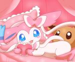  &lt;3_pillows 2016 :3 ambiguous_gender blue_eyes blush canid canine comic eevee eeveelution feral fur jirachicute28_(artist) looking_at_viewer lying mammal nintendo on_front pink_body pink_fur pok&eacute;mon pok&eacute;mon_(species) solo sylveon video_games white_body white_fur 