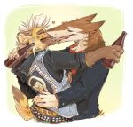  &lt;3 2019 anthro anthro_on_anthro beer_bottle blush bottomwear brown_body brown_fur clothed clothing duo ear_piercing ear_ring female flesh_tunnel french_kissing fur gauged_ear holding_object hug hyaenid kissing male male/female mammal mlice mlice_(character) open_mouth piercing rakipu sergal simple_background tongue topwear 