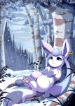  2021 4_toes absurd_res ambiguous_gender birch_tree blue_eyes cloud ear_piercing ear_ring eeveelution fan_character feet feral forest fur glaceon hi_res lying nintendo on_back pawpads paws piercing pink_pawpads plant pok&eacute;mon pok&eacute;mon_(species) pridark purple_body purple_fur relaxing scenery scenery_porn shaded signature sky smile snow snowing solo toes tree underpaw video_games wavy_mouth 