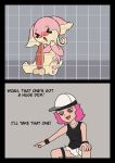  animal_shelter anthro audino balls big_penis blush buying cage clothing crouching duo embarrassed english_text eyes_closed female genitals hair happy_harvey hat headgear headwear hi_res huge_penis human male mammal nintendo penis phone_drawing pink_hair pok&eacute;mon pok&eacute;mon_(species) text video_games 