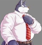  2018 anthro belly belt black_bottomwear black_clothing bottomwear canid canine cheek_tuft clock clothed clothing ears_up facial_tuft fingers fully_clothed fur fur_tuft grey_background grey_tail inner_ear_fluff male mammal necktie nullraihigi obese overweight pattern_necktie red_necktie simple_background solo striped_necktie topwear tuft watch white_clothing white_topwear wristwatch 