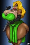  absurd_res big_breasts blonde_hair breasts cleavage clothed clothing female gun hair hi_res holding_gun holding_microphone holding_object holding_weapon huge_breasts mammal microphone mustela mustelid musteline ranged_weapon superix thick_thighs true_musteline weapon 