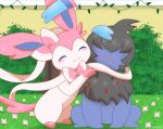  ambiguous/ambiguous ambiguous_gender black_body black_fur blush canid canine comic deino duo eeveelution eyes_closed feral feral_on_feral flower fur hair_over_eyes hug jirachicute28_(artist) mammal nintendo plant pok&eacute;mon pok&eacute;mon_(species) smile sylveon video_games white_body white_fur 