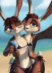  2021 anthro beach bikini blue_eyes brown_body brown_fur buckteeth carys_(nebula1701) cerys_(nebula1701) clothing cloud day dessert detailed_background digital_media_(artwork) duo ear_piercing ear_ring facial_piercing fan_character female flat_chested food fur hi_res holding_food holding_ice_cream holding_ice_cream_cone holding_object ice_cream ice_cream_cone industrial_piercing lagomorph leporid light lighting looking_at_viewer mammal navel navel_piercing nose_piercing nose_ring one_eye_closed open_mouth open_smile outside piercing pink_nose rabbit s1m sand sea seaside selfie shaded sibling signature sister sisters sky smile spots spotted_body spotted_fur swimwear teeth tongue tongue_out twins water white_body white_fur 