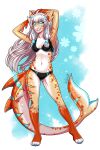  2:3 4_toes absurd_res anthro bikini blue_eyes breasts clenched_teeth clothed clothing feet female fish hair hi_res marine navel non-mammal_breasts partially_clothed pose sashatf shark simple_background smile solo sushi_(sootsprite) swimwear teeth toes white_hair 