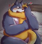  &lt;3 2018 anthro anthro_on_anthro bed bite biting_partner bodily_fluids butt canid canine duo fangs fingers fur furniture hand_on_back hand_on_head holding_partner love_bite male male/male mammal nude nullraihigi obese on_bed on_lap overweight pillow shoulder_bite size_difference sweat teeth tongue 