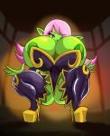  areola big_breasts breasts butt cleavage clothed clothing crouching dart_(thecon) female goblin green_body hair haror hi_res high_heels huge_breasts humanoid not_furry one_eye_obstructed pink_hair platform_footwear platform_heels solo yellow_eyes 