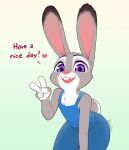  &lt;3 anthro blue_bottomwear blue_clothing blue_pants blue_shirt blue_topwear bottomwear clothing disney female fur grey_body grey_fur hi_res judy_hopps kionbee lagomorph leporid mammal pants pose purple_eyes rabbit shirt solo speech_bubble thick_thighs topwear zootopia 