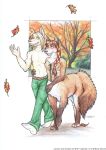  anthro autumn black_nose blonde_hair blush breasts brown_body brown_fur canid canid_taur canine canine_taur canis chiratani clothed clothing dipstick_tail duo edmcd female fox fox_taur fur hair lamsain male male/female mammal mammal_taur multicolored_tail outside red_hair smile tan_body tan_fur taur topless topwear vest wolf 