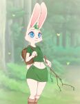  2021 anthro backpack blue_eyes bottomwear branch clothed clothing detailed_background digital_media_(artwork) ears_up female forest fully_clothed fur hi_res holding_object kionbee lagomorph leporid mammal midriff navel outside pink_nose plant rabbit signature skirt smile solo tree white_body white_fur 