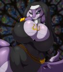  apode big_breasts breasts cleavage clothed clothing cobra draconcopode female hi_res huge_breasts legless naga nipple_outline non-mammal_breasts nun purple_body reptile scalie serpentine snake solo suirano 
