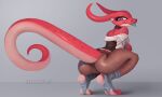  absurd_res anthro blep butt clothed clothing crouching feet female footwear grey_body hi_res kobold red_body scalie socks solo spaboofy stirrup_socks toeless_footwear toeless_socks tongue tongue_out 