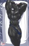  abs absurd_res anthro balls barely_contained black_balls black_body black_penis blue_clothing blue_thong blue_underwear clothed clothing draconer dragon genitals hands_behind_head hi_res ipeto lying male masterelrest muscular muscular_anthro muscular_male on_back penis solo thong topless underwear water 