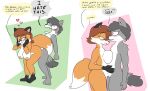  absurd_res anthro bellyjoined canid canine canis conjoined crotchbutt_conjoinment duo english_text female fox hi_res male mammal nipples profanity skewedl0gic text what wolf 