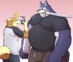  2019 anthro belly black_clothing black_shirt black_topwear blue_body blue_ears blue_fur blush bottomwear canid canine canis clothed clothing curled_tail domestic_dog duo ears_down fist fully_clothed fur holding_object looking_at_another male mammal melee_weapon monotone_clothing monotone_shirt monotone_topwear mouth_hold multicolored_clothing multicolored_shirt multicolored_topwear navel_outline nullraihigi obese open_mouth overweight pivoted_ears shirt size_difference sword teeth tongue topwear two_tone_clothing two_tone_shirt two_tone_topwear weapon 