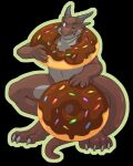  2010 4:5 4_toes 5_fingers anthro aycee black_background brown_body claws crouching dessert doughnut dragon feet fingers food hi_res horn looking_at_viewer male micro navel nude one_eye_closed scalie simple_background solo toe_claws toes wink xhyra 