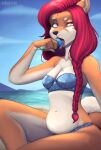  2021 ambient_bird anthro avian bailee_(nikoyishi) beach better_version_at_source bikini bikini_bottom bikini_top bird blue_eyes blue_tongue bottomwear braided_hair breasts brown_body brown_fur brown_nose canid canine canis clothed clothing cloud colored conditional_dnp dessert digital_media_(artwork) digital_painting_(artwork) domestic_dog eating eating_food female fingers food fur hair half-length_portrait hi_res holding_object ice_cream ice_cream_on_breasts inner_ear_fluff long_hair looking_at_viewer mammal multicolored_body multicolored_fur navel nikoyishi open_mouth outside patreon patreon_logo patreon_username portrait red_hair sand sea seaside shaded shiba_inu sitting skimpy sky slightly_chubby solo spitz swimwear tan_body tan_fur teeth tongue tongue_out tuft two_tone_body two_tone_fur water white_body white_fur 