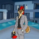  1:1 anthro cheetah clock clothing felid feline fur gemini(mezzoknight) gun hair handgun looking_at_viewer male mammal mansion pistol ranged_weapon red_body red_fur red_hair smile smiling_at_viewer solo suit swimming_pool unknown_artist watch weapon 