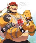  2021 absurd_res anthro arm_tattoo bodily_fluids bowser bracelet claws collar dialogue digital_media_(artwork) english_text finger_claws green_body green_scales hair hi_res horn jewelry koopa looking_at_viewer male mario_bros musclegut muscular muscular_anthro muscular_male nintendo red_hair repzzmonster scales scalie simple_background solo spiked_bracelet spiked_collar spikes sunscreen sweat talking_to_viewer tan_body tan_scales tattoo text video_games white_background yellow_body yellow_scales 