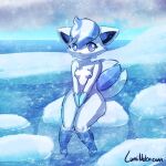  1:1 anthro bent_legs blue_body blue_fur blue_nipples blue_theme breasts canid canine cold extended_arms fak&eacute;mon female fox fur hands_between_legs ice knees_together legs_in_water lewxen looking_at_viewer lumineko mammal multicolored_body multicolored_ears multicolored_eyes nintendo nipples nude partially_submerged paws pok&eacute;mon small_breasts smile snowflake solo text two_tone_body two_tone_ears two_tone_eyes video_games water whiskers 