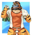  anthro clothing felid fur hi_res male mammal muscular muscular_anthro muscular_male naikuma pantherine solo swimwear tiger yutari 