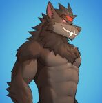  2021 abs accessory anthro blue_background canid canine canis dire_(fortnite) epic_games eyebrows fortnite fur headband hi_res jrjresq male mammal muscular muscular_anthro muscular_male navel nude pecs red_sclera sharp_teeth simple_background smile solo teeth tuft video_games were werecanid werecanine werewolf wolf 