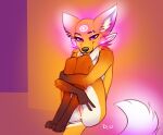  abstract_background anthro anus canid canine discreet_user female fox fur genitals gesture glowing glowing_markings hi_res inner_ear_fluff legs_up looking_at_viewer mammal markings mylar_(discreet_user) nude pussy signature sitting slim solo tongue tuft v_sign 
