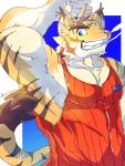  2021 anthro biceps clothing detailed_background eyebrows felid fur hi_res male mammal morenatsu muscular muscular_male pantherine pecs shimazanbagu solo thick_eyebrows tiger topwear torahiko_(morenatsu) video_games visual_novel 