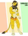  5_fingers anthro bulge clothing dominant felid fingers fur furbulous hi_res lion male mammal orange_clothing orange_eyes orange_underwear pantherine piercing pose replic21 replictuanione security security_guard simple_background solo tongue tongue_out underwear yellow_body yellow_fur 