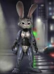  anthro breasts cybernetic_arm cybernetic_leg cybernetic_limb disney dragonnetstorm female fur genitals grey_body grey_fur hi_res judy_hopps lagomorph leporid machine mammal nipples pink_nose pubes purple_eyes pussy rabbit robocop robot solo zootopia 