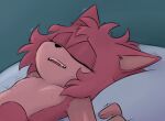  amy_rose anthro bed bodily_fluids eulipotyphlan eyes_closed fangs featureless_chest female fluffy fur furniture green_background hedgehog hi_res hottopicpiss looking_pleasured lying mammal offscreen_sex on_back on_bed orgasm_face sega simple_background solo sonic_the_hedgehog_(series) sweat 