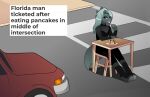  alligator alligatorid anthro beelzbat car choker clothed clothing crocodilian crossdressing eating english_text food girly green_body green_hair green_scales hair hi_res humor jewelry male male_(lore) necklace outside pancake reptile scales scalie sitting solo street text vehicle 
