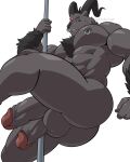  2_penises 3_eyes 4:5 abs absurd_res anthro balls big_pecs black_horn butt chest_tuft demon facial_piercing fur genitals grey_body grey_fur hi_res horn maldu male mammal multi_eye multi_genitalia multi_penis muscular muscular_anthro muscular_male nipple_piercing nipples nose_piercing nose_ring nude pecs penis piercing pole simple_background solo stripper_pole tuft ursid white_background 