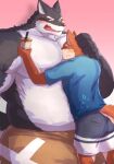  2019 anthro belly beverage blue_clothing blue_shirt blue_topwear blush bodily_fluids bottomwear bubble_tea butt canid canine clothed clothing countershade_torso countershading duo fully_clothed fur grey_body grey_countershading grey_fur hand_on_head head_between_pecs holding_object looking_away male male/male mammal nullraihigi obese orange_body orange_ears orange_fur orange_tail overweight pecs shirt shorts size_difference sweat tapioca_balls teeth tongue topless topwear 