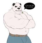  0rnix absurd_res anthro belly belt biceps bottomwear bulge clothing crossed_arms dialogue english_text fur giant_panda hi_res looking_at_viewer male mammal musclegut muscular muscular_anthro muscular_male navel nintendo object_in_mouth pangoro pants pecs pok&eacute;mon pok&eacute;mon_(species) sharp_teeth shirtless simple_background snaggle_tooth solo speech_bubble teeth text ursid video_games white_body white_fur 