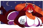  2021 ailurid anthro big_breasts big_butt blush breasts butt canid canine clothing duo female huge_breasts huge_butt hyper hyper_breasts jwinkz larger_anthro larger_female mammal red_panda size_difference 