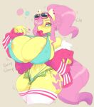  anthro anthrofied areola big_breasts bimbofication breasts cleavage clothed clothing equid equine female fluttershy_(mlp) friendship_is_magic hair hi_res huge_breasts lips mammal my_little_pony nipple_outline panties pink_hair scarfyace solo thick_lips underwear wide_hips yellow_body 
