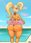 2021 absurd_res accessory activision anthro back_boob bandicoot big_breasts big_butt bikini bikini_thong black_nose blonde_hair bodily_fluids breasts butt cellulite clothed clothing coco_bandicoot condom condom_left_in crash_bandicoot_(series) cum cum_drip cum_on_face cum_on_leg dialogue dripping ear_piercing english_text female flower flower_in_hair fur genital_fluids green_eyes hair hair_accessory hairband hi_res huge_butt lipstick long_hair looking_at_viewer looking_back makeup mammal marsupial outside piercing plant raiouart rear_view sexual_barrier_device sky smile solo standing swim_ring swimming_pool swimwear tan_body tan_fur text thick_thighs video_games 