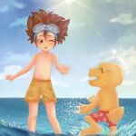  1:1 absurd_res agumon bandai_namco beach bottomwear clothing digimon digimon_(species) duo hi_res human male mammal sea seaside shorts splashing swimming swimming_trunks swimwear taichi_kamiya taichi_yagami unknown_artist water 