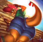  5_fingers anthro big_butt bodily_fluids bottomwear butt clothing eyewear fingers freckles glasses hi_res klent looking_back low-angle_view male nintendo open_mouth orange_body orange_skin pok&eacute;mon pok&eacute;mon_(species) scrafty shorts solo sweat thick_thighs video_games wide_hips 