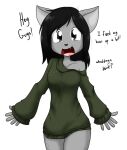  2018 anthro black_hair bottomless bottomless_anthro bottomless_female breasts clothed clothing dialogue digital_media_(artwork) domestic_cat english_text felid feline felis female fingers fur grey_body grey_fur hair looking_at_viewer mammal sandwich-anomaly simple_background simple_eyes smile solo standing sweater talking_to_viewer teeth text tongue topwear vanessa_(sandwich-anomaly) whiskers white_background 