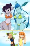  2018 anthro becca_(sandwich-anomaly) big_breasts bikini blue_body blue_fur blue_hair blush bouncing_breasts breast_envy breast_jiggle breasts brown_body brown_fur brown_hair buckteeth canid canine chespin cleavage clothed clothing cross-popping_vein curvy_figure detailed_background dialogue digital_media_(artwork) eeveelution english_text eyelashes eyewear female fingers flat_chested fox fur galia_(sandwich-anomaly) glaceon glasses green_eyes grey_body grey_fur group hair hand_on_hip hi_res highlights_(coloring) hourglass_figure huge_breasts lagomorph leina_(sandwich-anomaly) leporid mammal multicolored_body multicolored_fur multicolored_hair navel nintendo one-piece_swimsuit orange_hair outside pok&eacute;mon pok&eacute;mon_(species) purple_eyes purple_hair purple_highlights rabbit sandwich-anomaly smile standing swimwear tan_body tan_fur teal_eyes teeth text thick_thighs victoria_(sandwich-anomaly) video_games voluptuous wide_hips yellow_eyes 